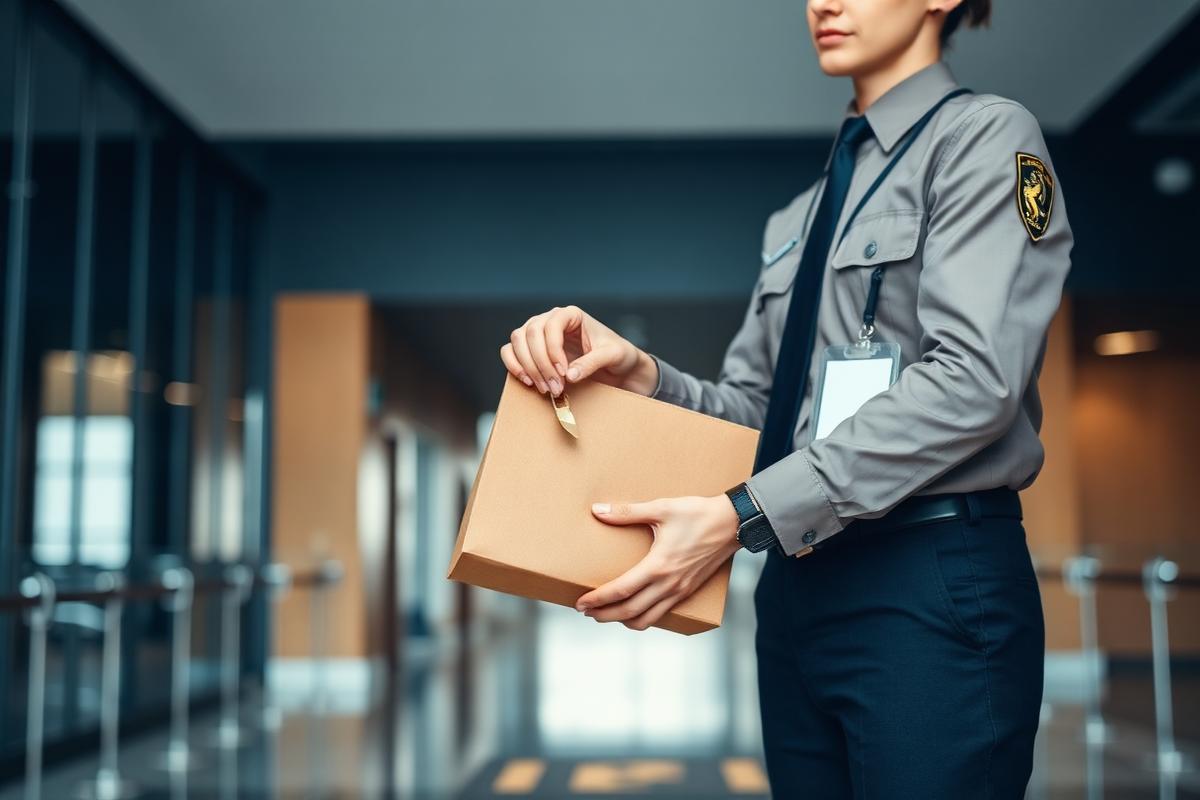 Profissional uniformizado entregando malote corporativo em recepção